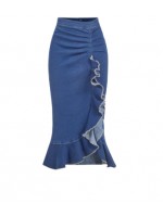 Front slit ruffled peplum denim skirt 