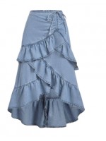 Ruffled edge tiered denim light blue skirt