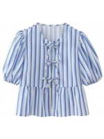 Striped blue front knot-tied casual blouse 