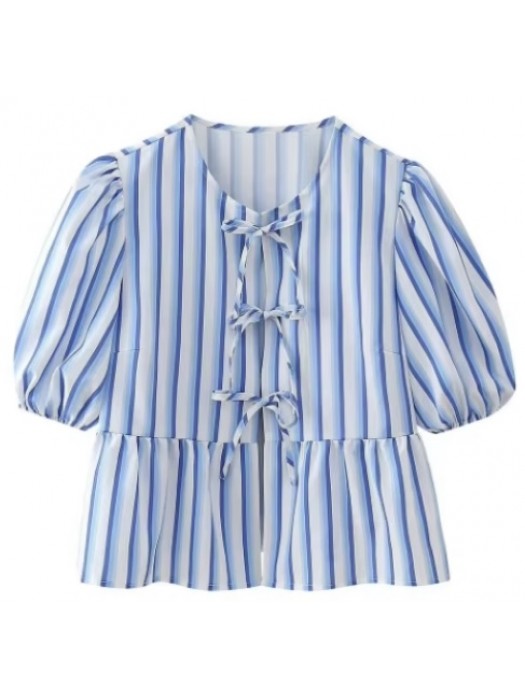 Striped blue front knot-tied casual blouse 