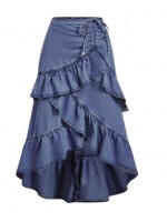 Ruffled edge tiered denim skirt