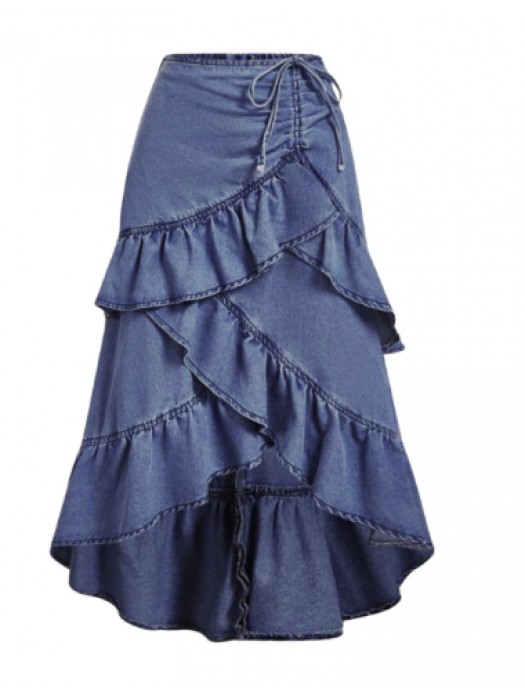 Ruffled edge tiered denim skirt