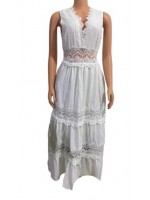 Long white v-neck hollow lace dress 