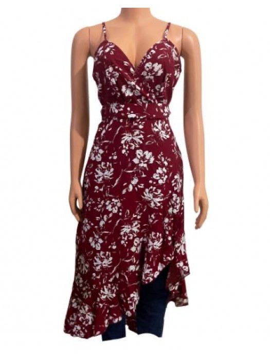 Red sleeveless ruffled printed floral midi dress 